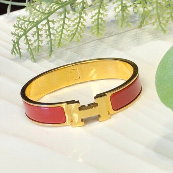Hermes Jewelry - Hermès Orange Enamel Gold-Plated Clic H Narrow Bracelet
